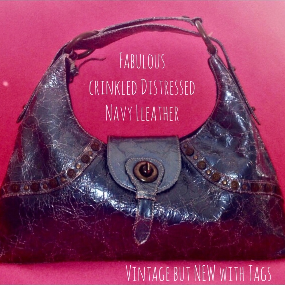 Fina Firenze Metallic Blue Crackled Leather Bag